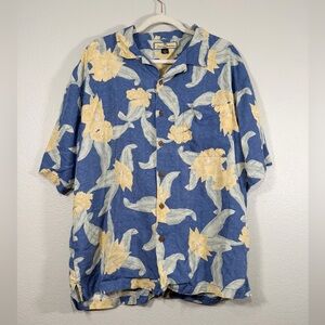 Tommy Bahama Shirt Button Down Blue Yellow Floral Hawaiian Wood Button Men XL